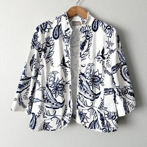 Chico's Size 3 Blue White Floral Paisley Ruffle Trim Open Front Jacket Size XL‎